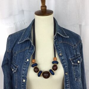 Vtg. Necklace Bold Chunky Navy Cord Wooden Beaded‎ Lagenlook Boho